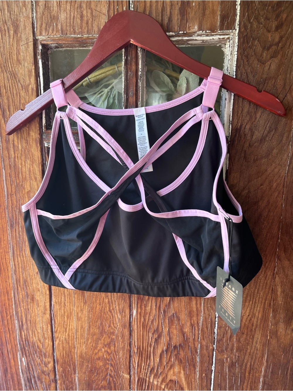 Savage X Fenty Black Sports Bra with Light Pink Trim, Strappy Back NWT